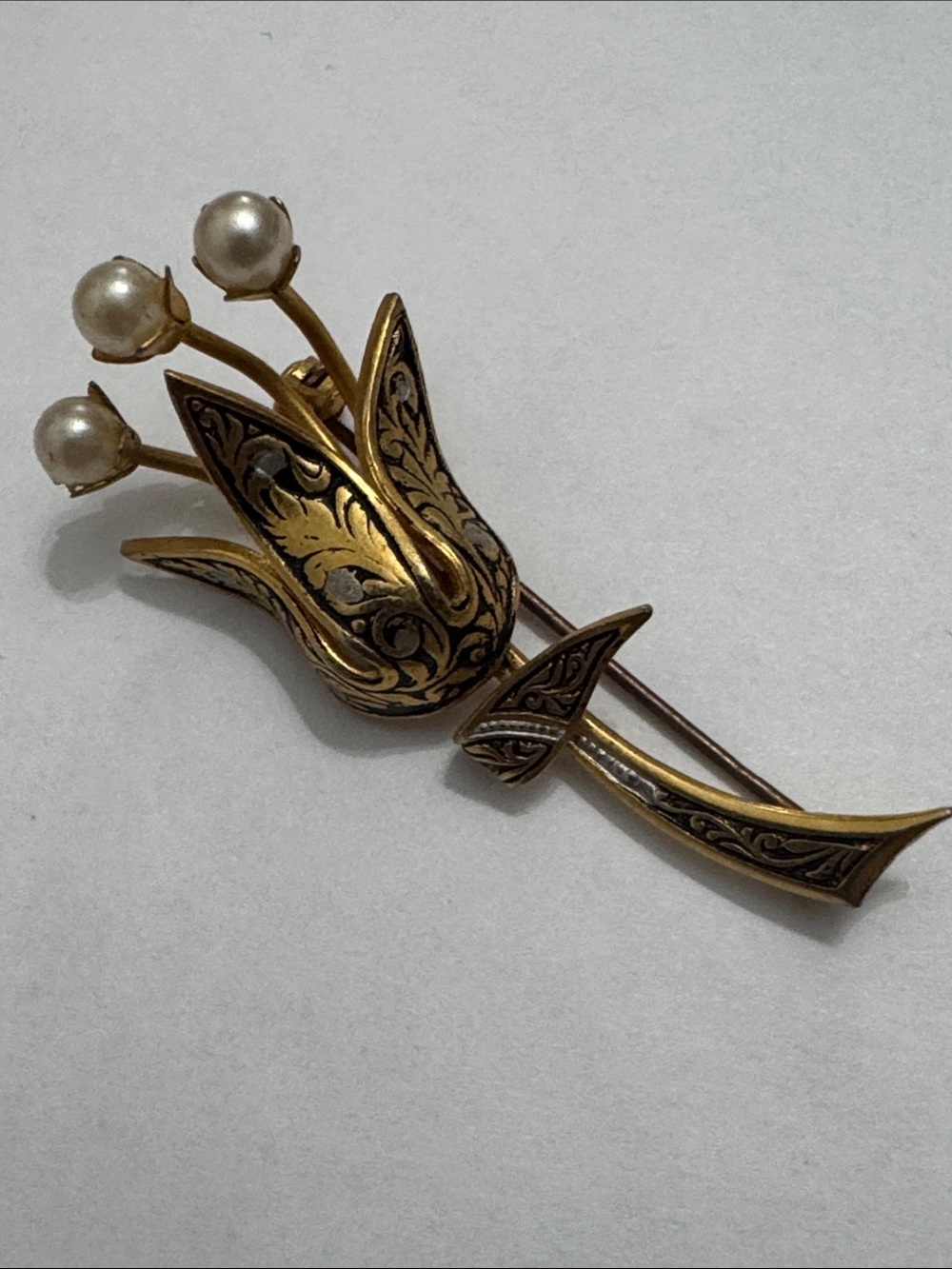 vintage Spanish Damascene tulip brooch